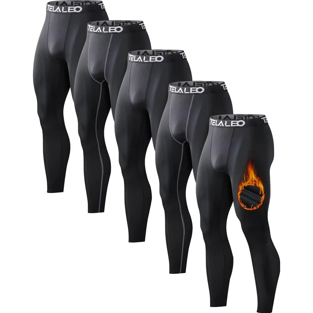 Men's 5 Pack Thermal Compression Pants Fleece Lined Sports Tights Athletic M